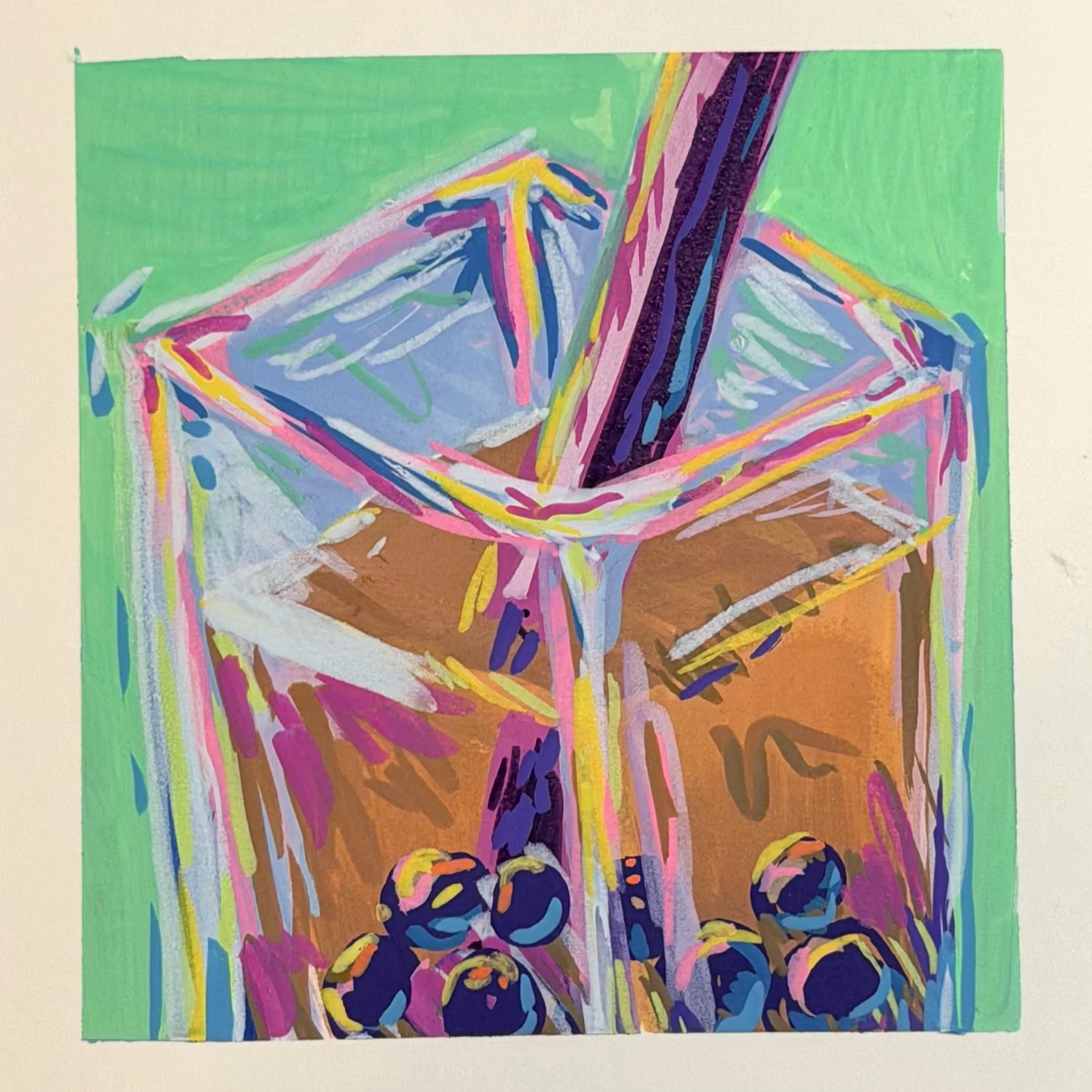 Hand-painted iced drink in expressive bright colors