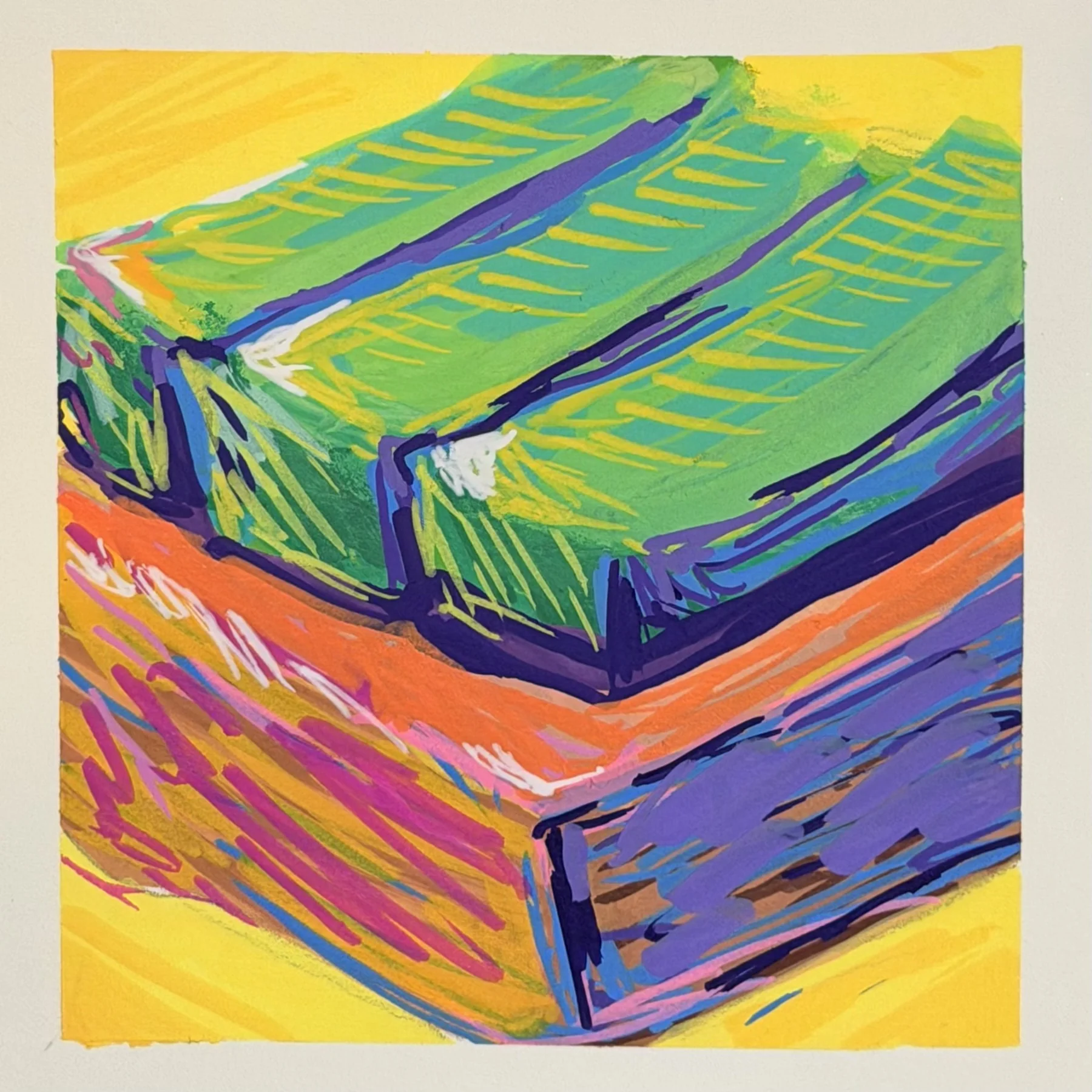 Hand-painted layered green cake in expressive bright colors