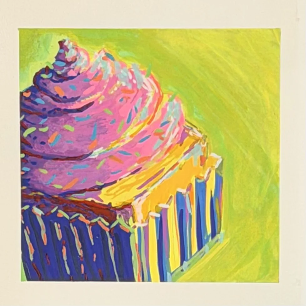Hand-painted cupcake in expressive bright colors