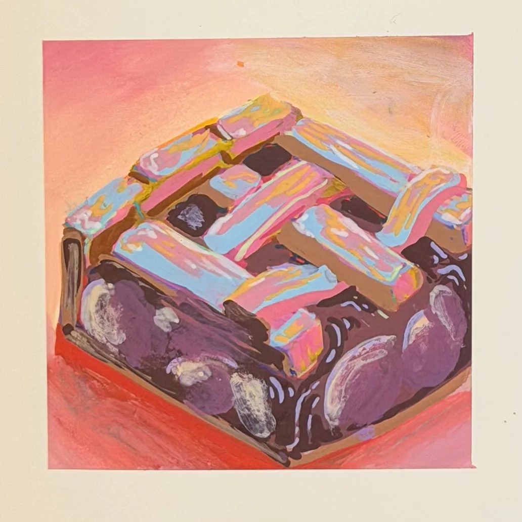 Hand-painted chocolate cake in expressive bright colors