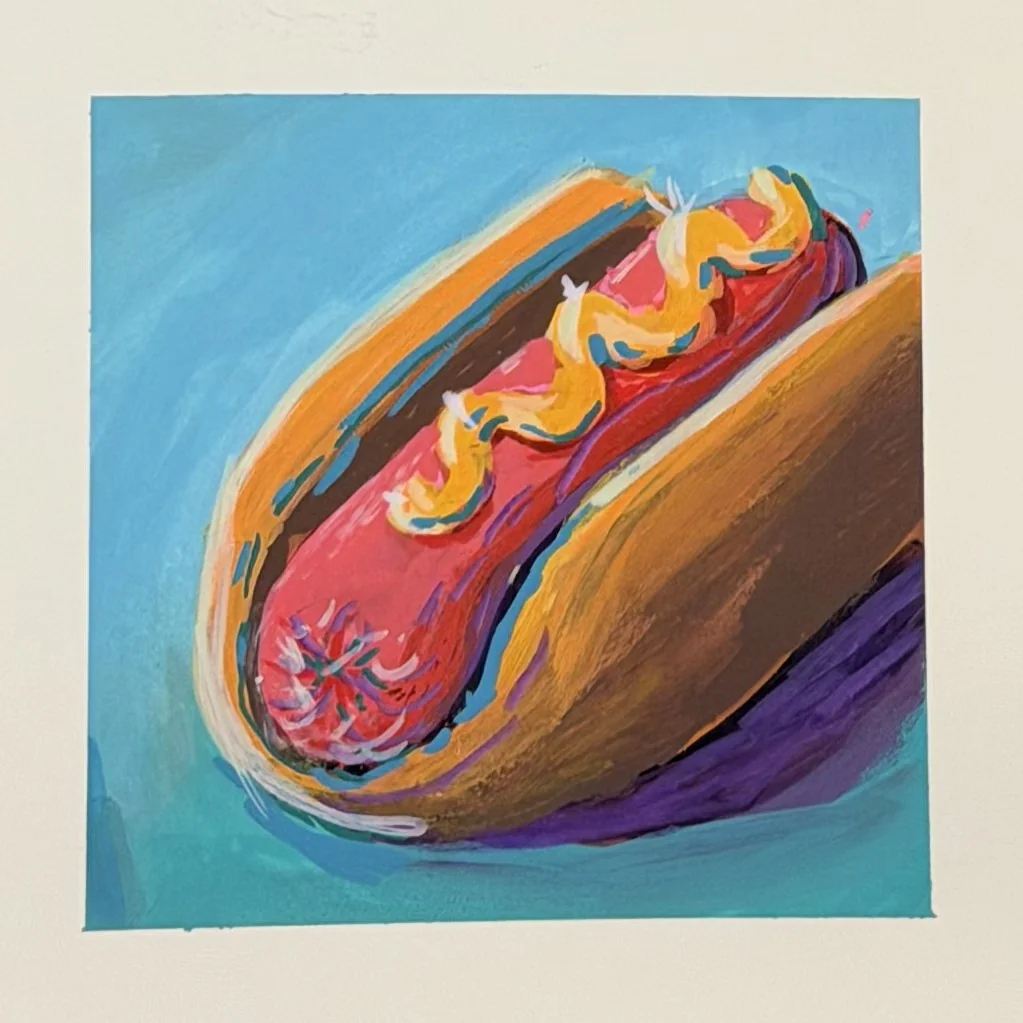 Hand-painted hot dog in expressive bright colors