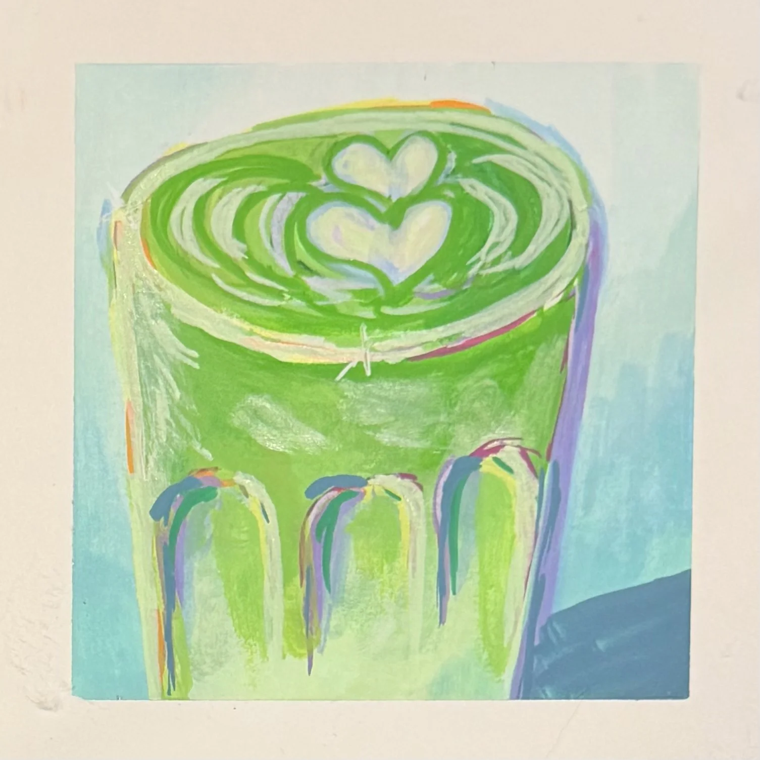 Hand-painted matcha latte in expressive bright colors
