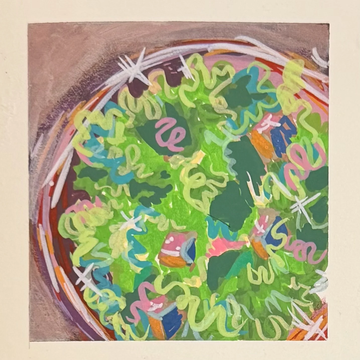 Hand-painted noodle bowl in expressive bright colors