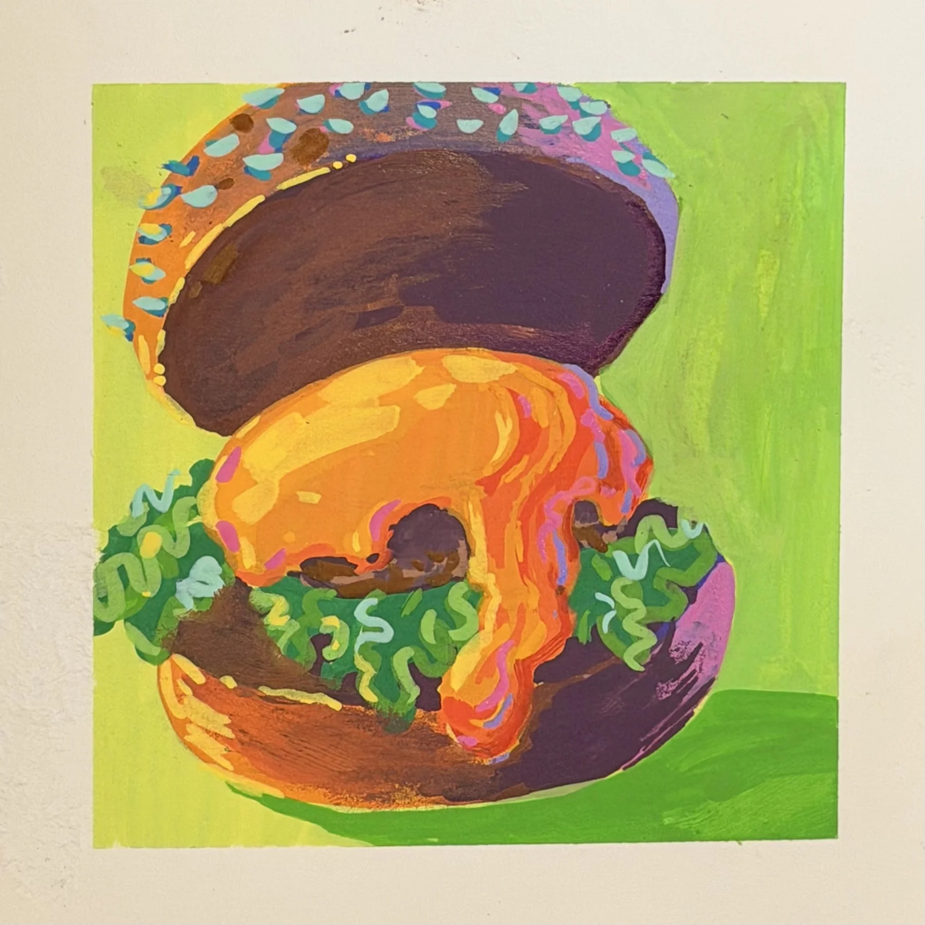Hand-painted burger in expressive bright colors