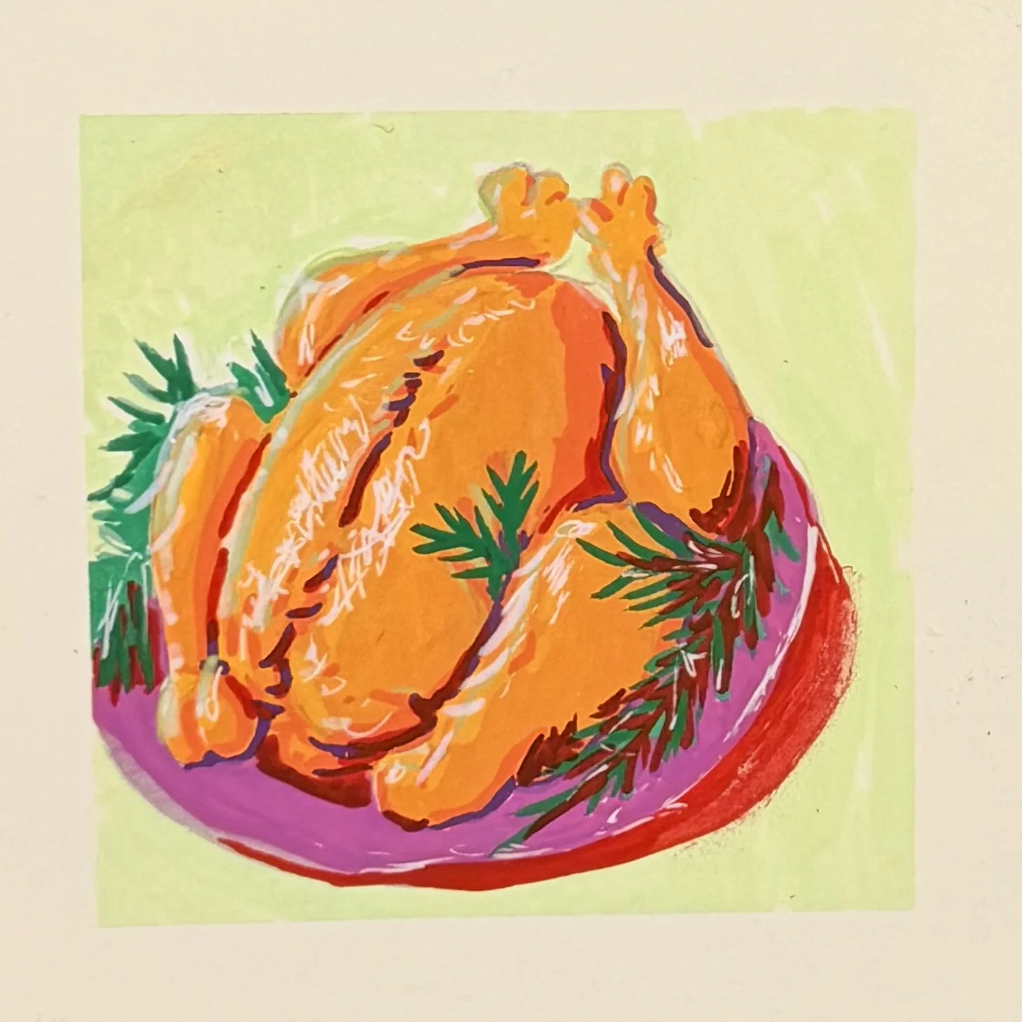 Hand-painted roast chicken in expressive bright colors