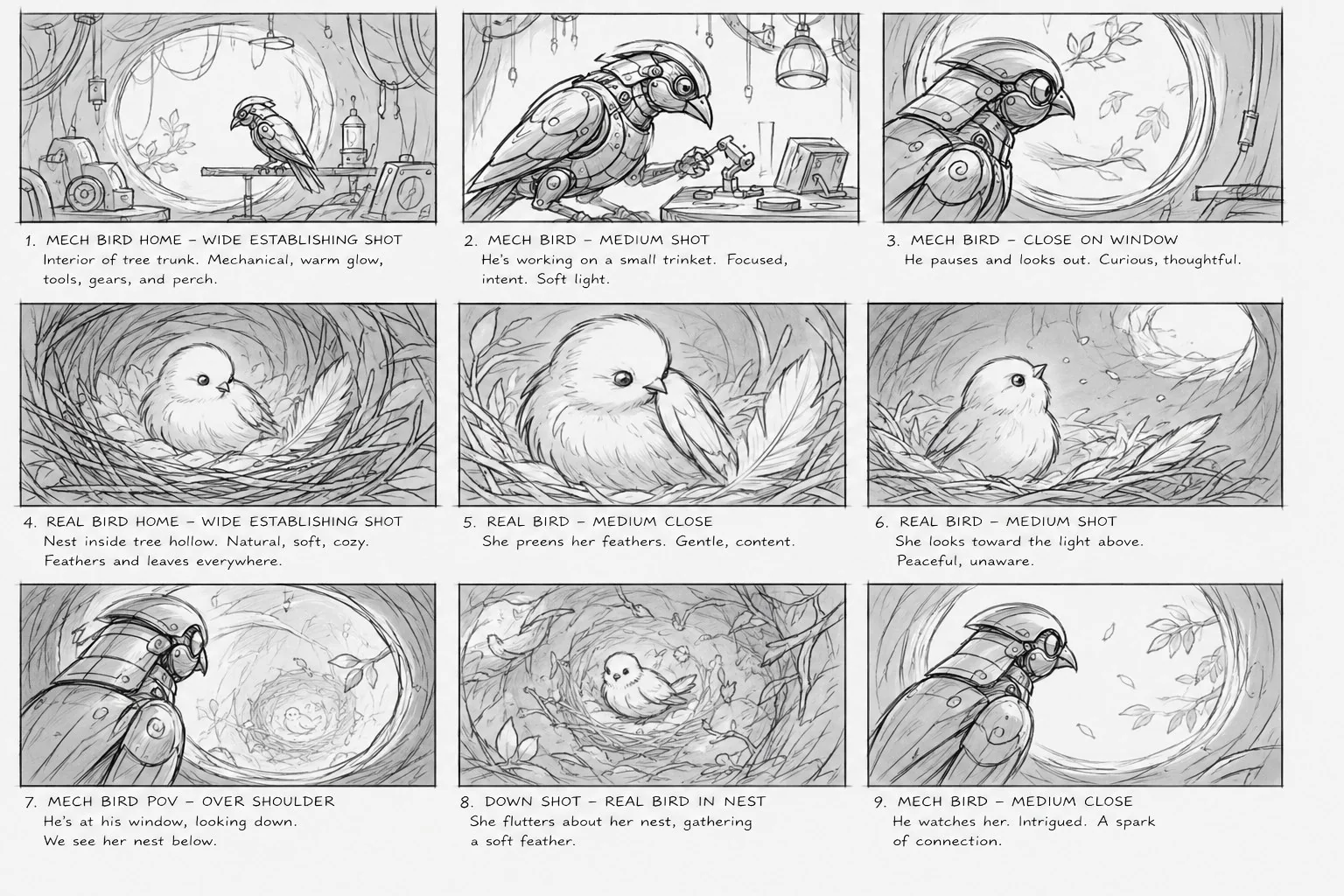 Bird storyboards, first sequence