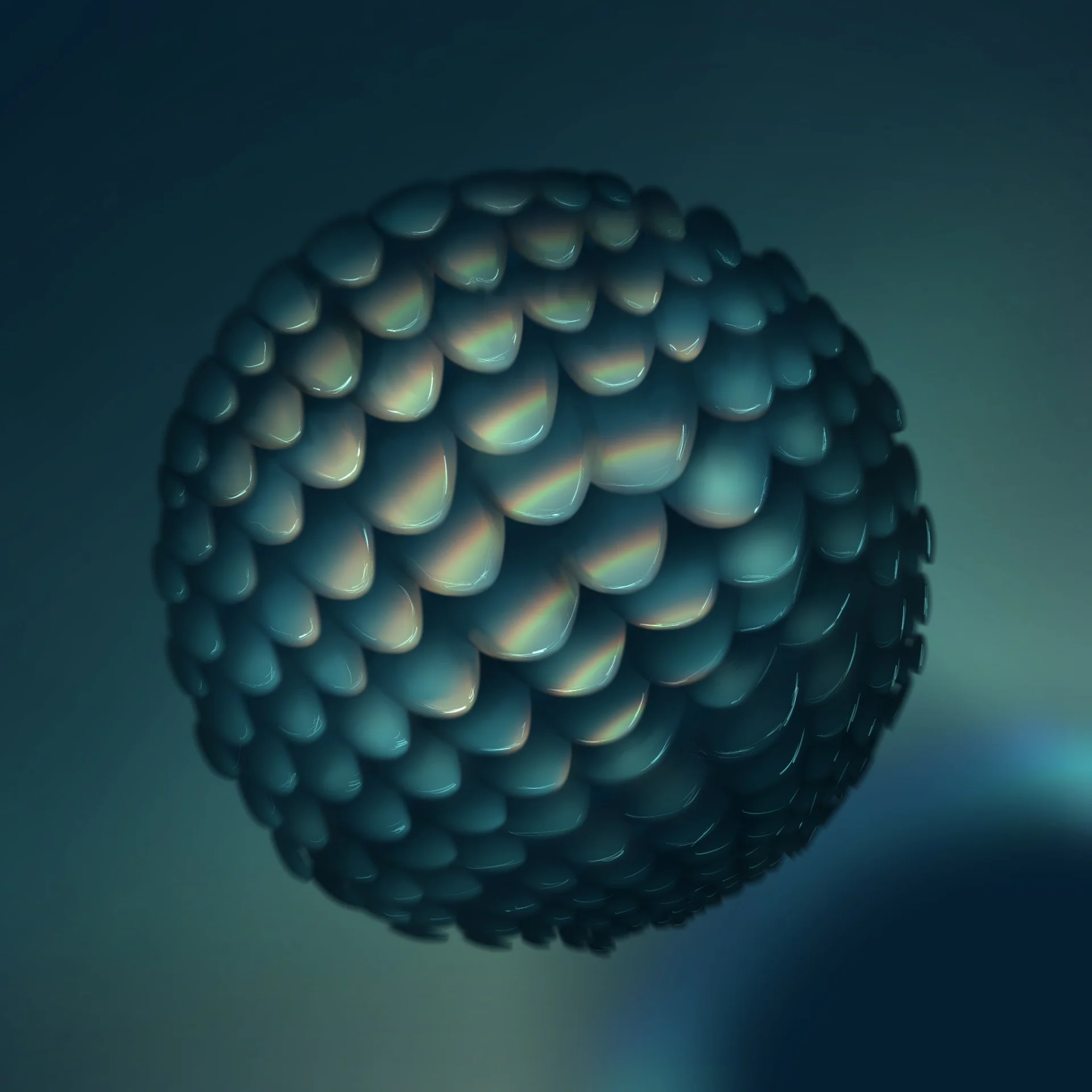 Overlapping iridescent scales on a sphere