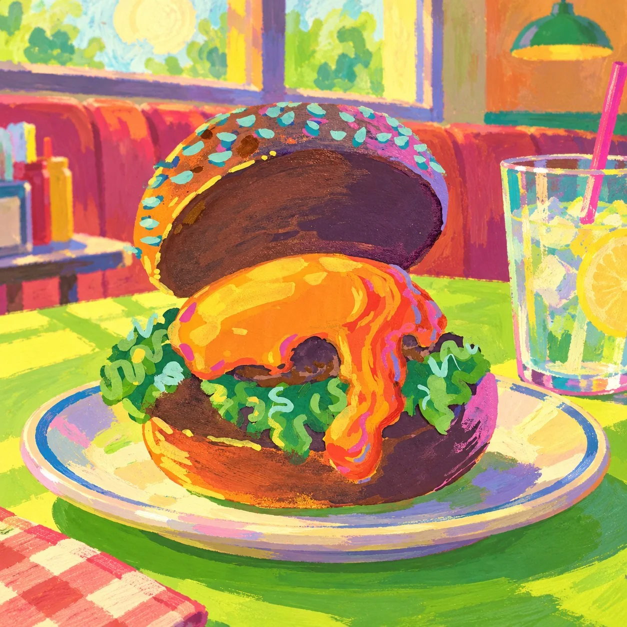 Expressive burger illustration in vibrant orange, green, pink, and purple