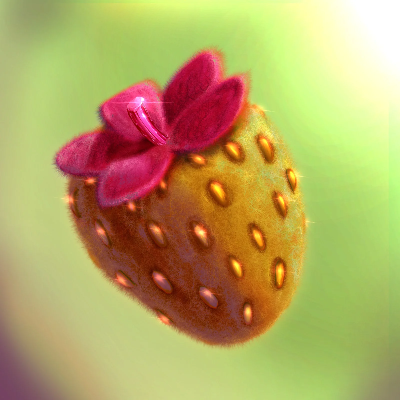 A felt-textured strawberry with pink leaves and golden seeds