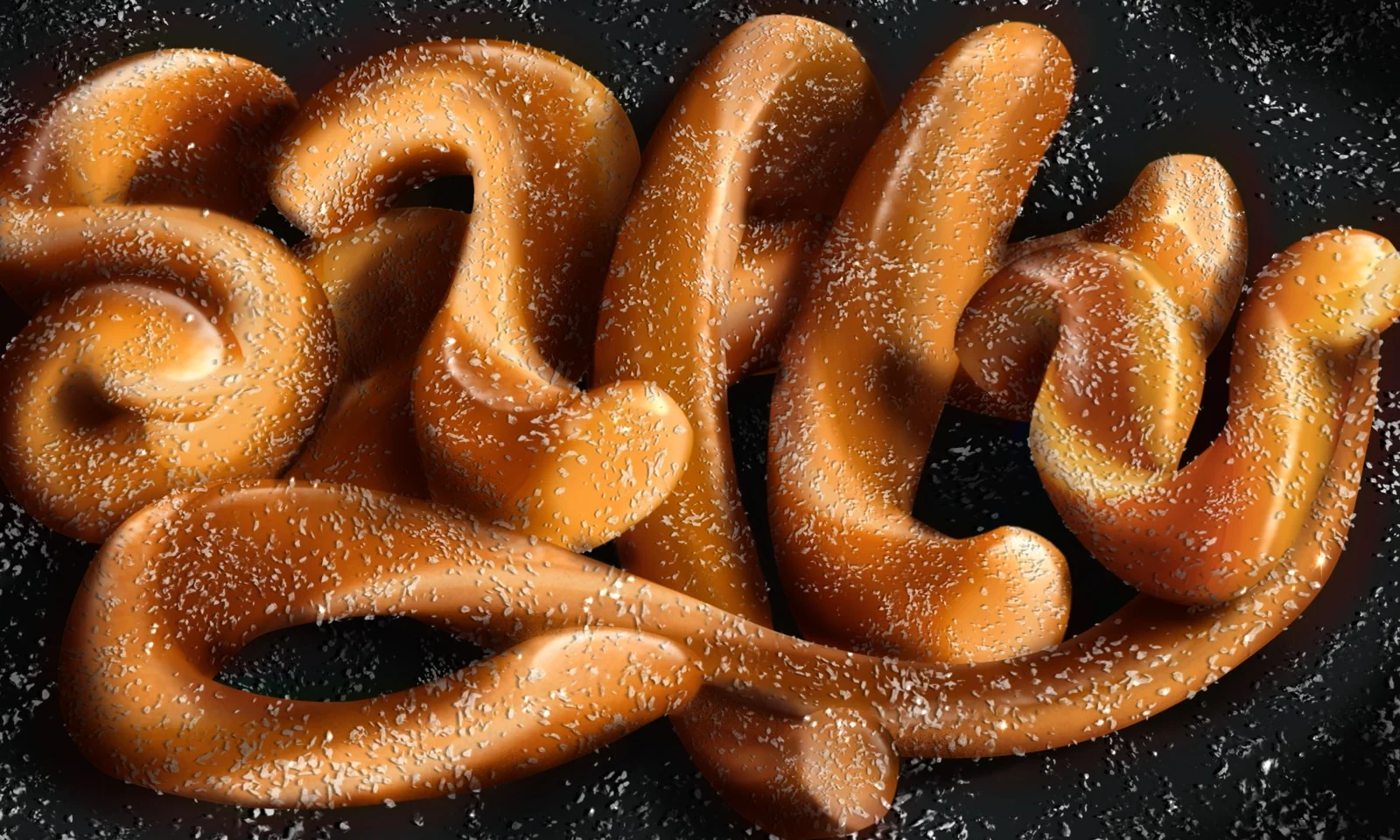 The word Salty shaped like a twisted pretzel with salt crystals