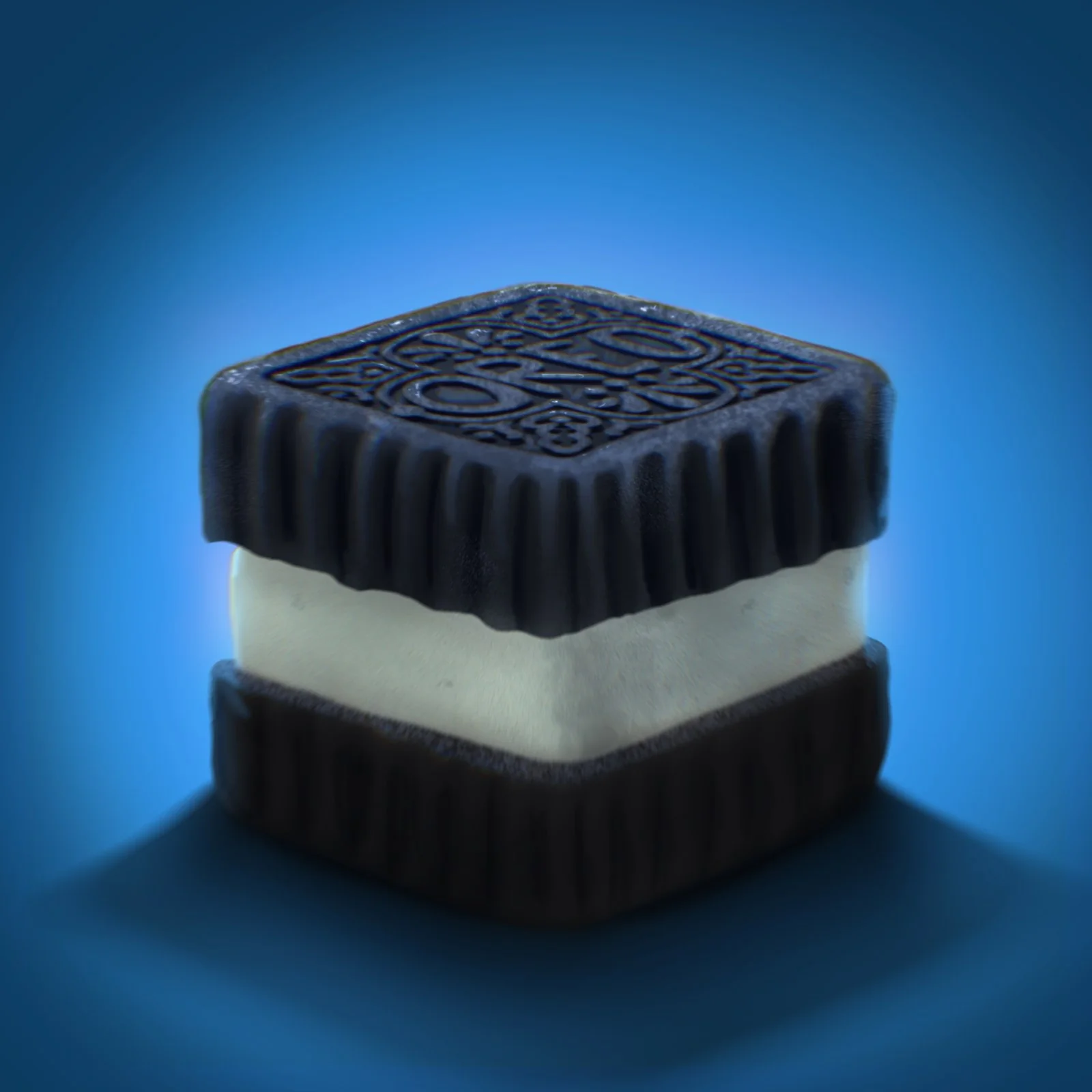 Square dark sandwich cookie with a thick white filling against blue