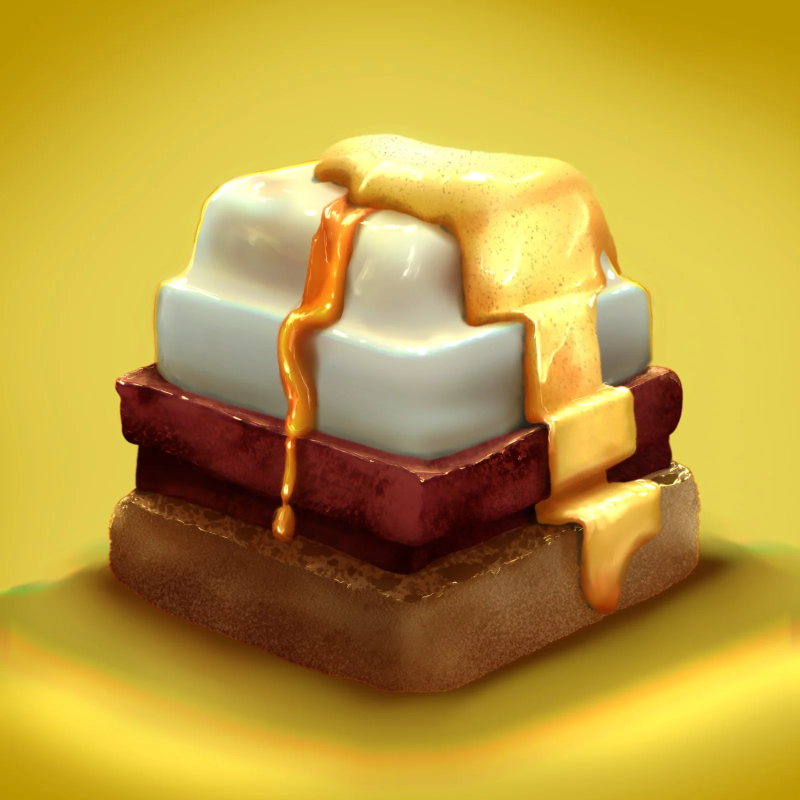 Eggs Benedict reimagined as stacked cubes with golden sauce