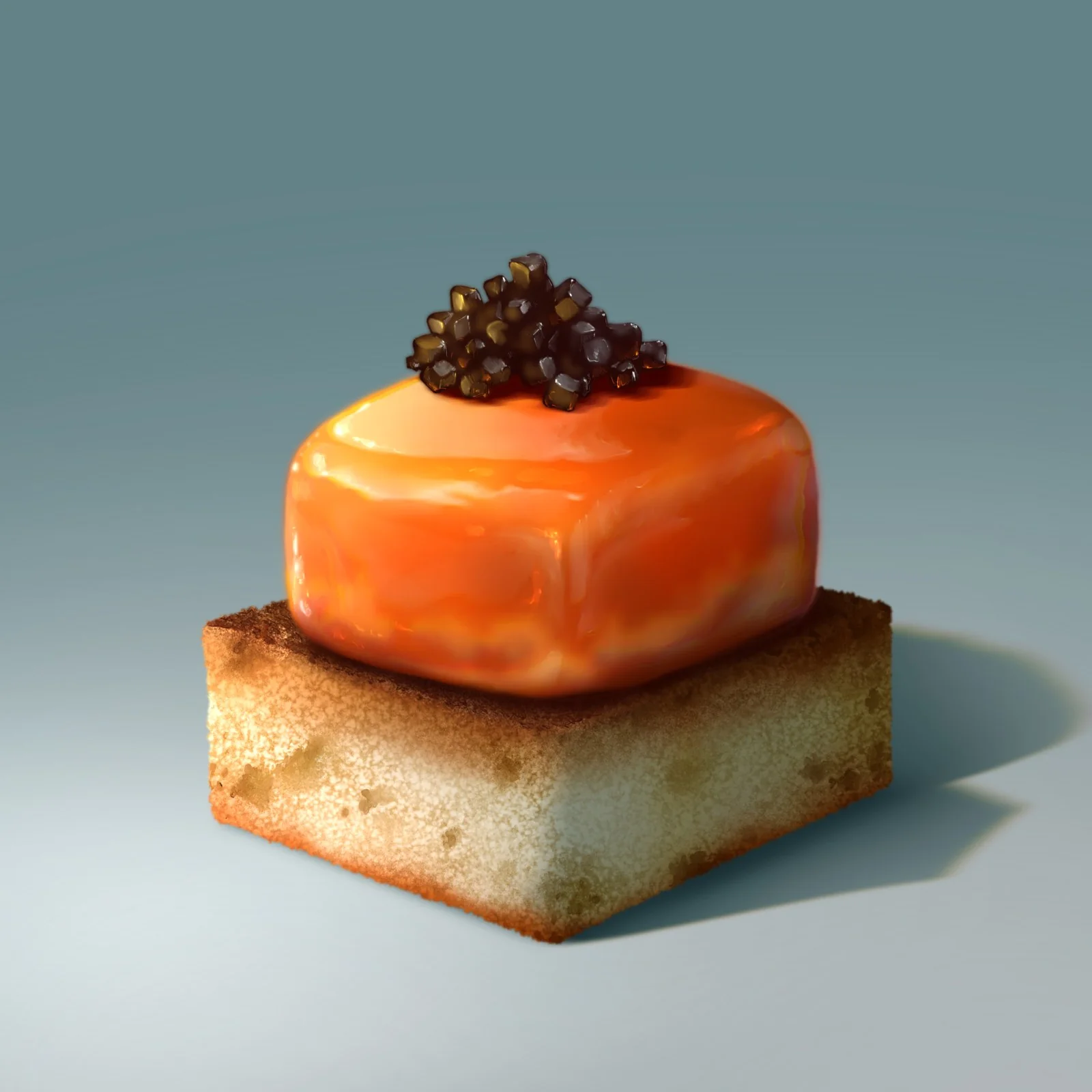 Glossy orange topping on a square of toast against a blue-gray background