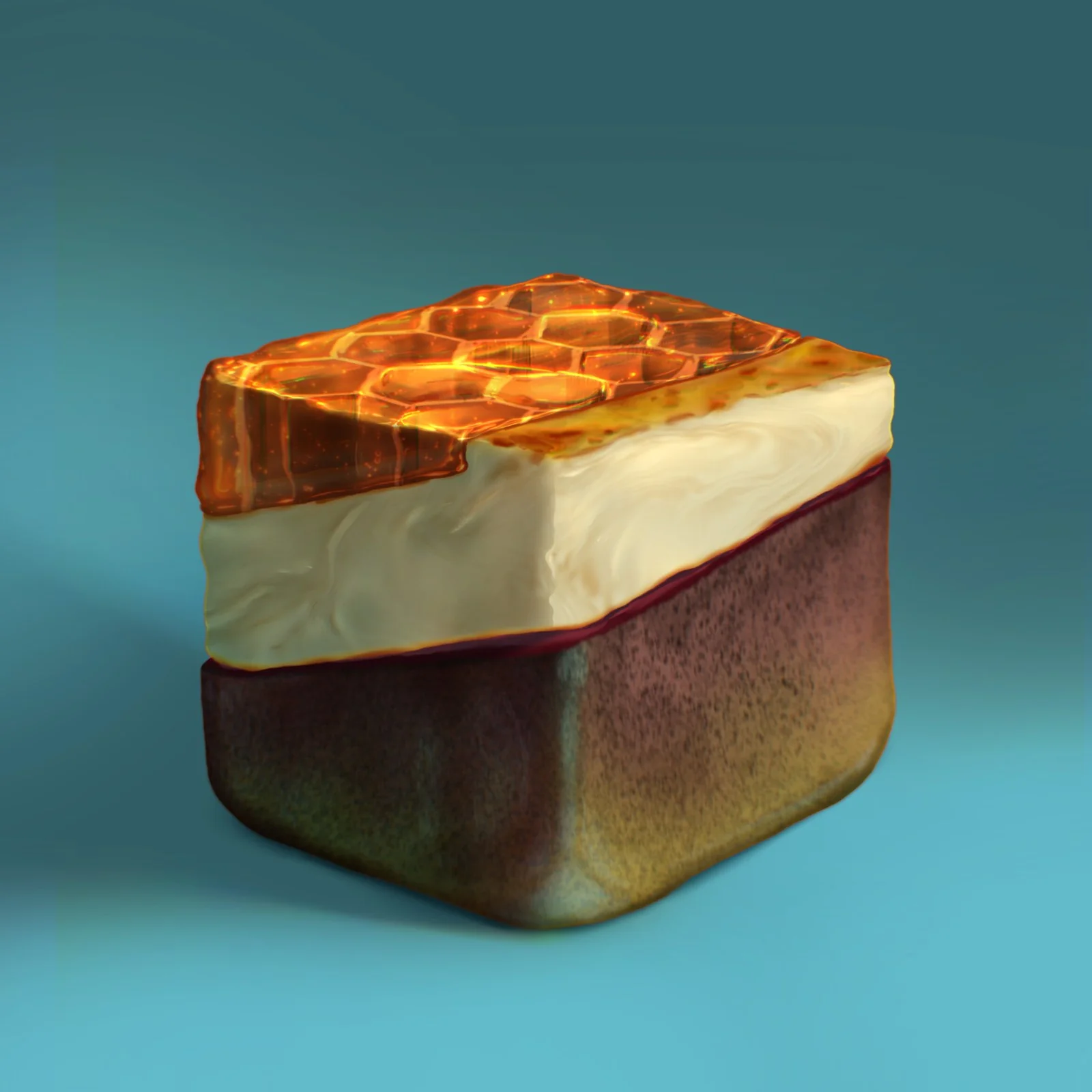 Layered food cube with a golden top and reflective dark base