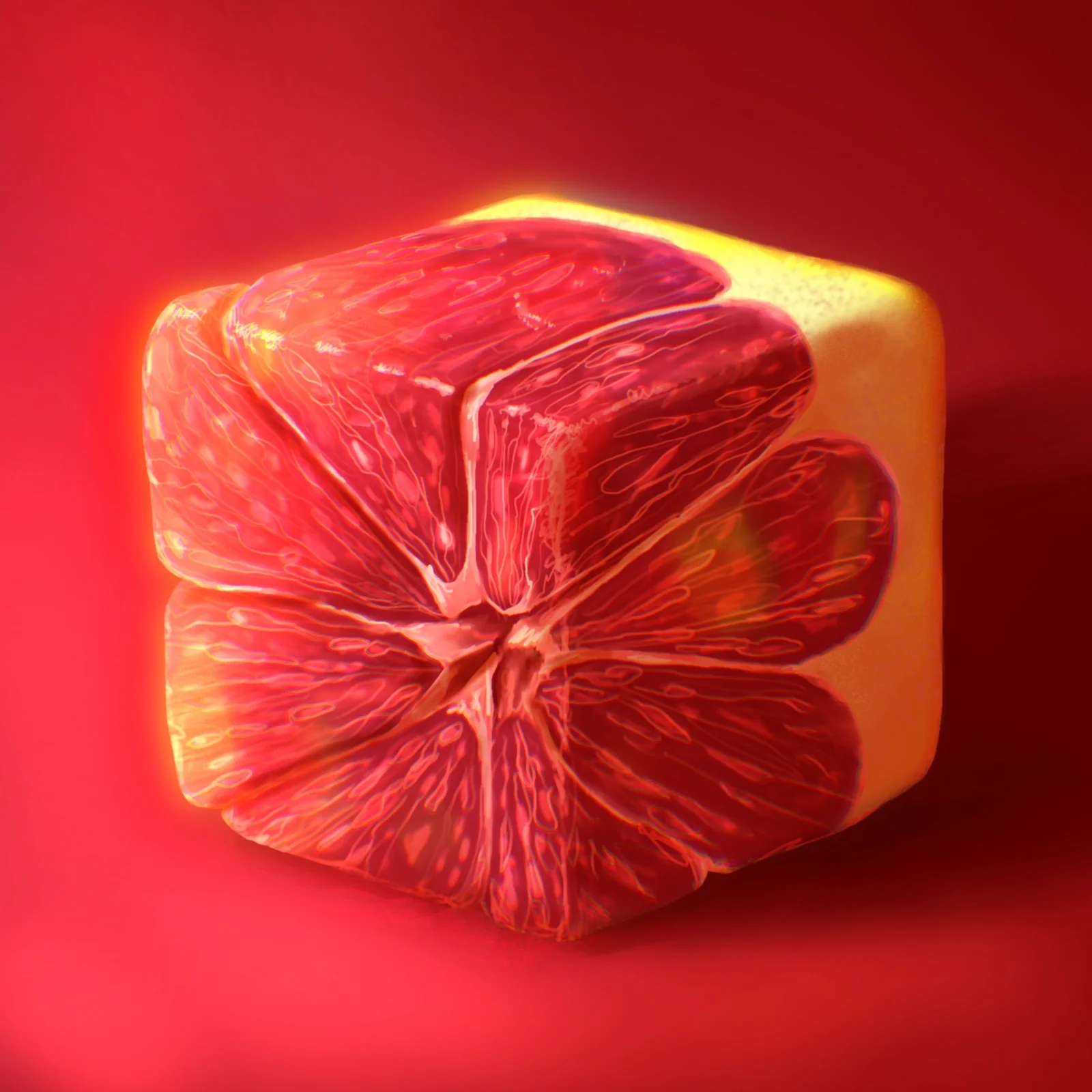 A cube-shaped grapefruit with translucent pink flesh against a vivid red background